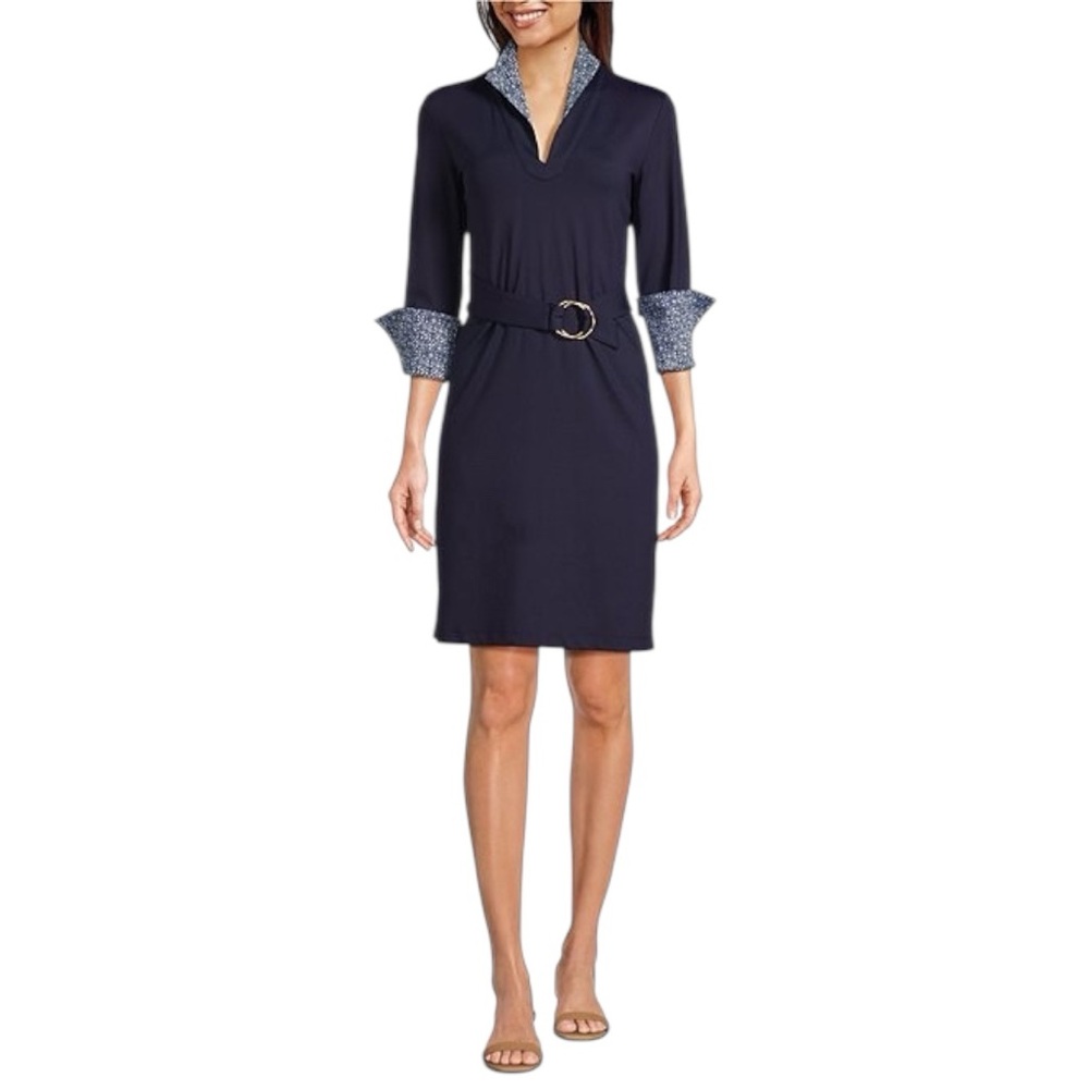 NWT J. McLaughlin Daniele Poplin Collar V-Neck 3/4 Cuff Sleeve Belted Dress Sz L - Picture 2 of 5